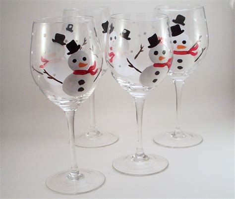 Snowman Hand Painted Wine Glasses Holiday Glassware By Raesmith