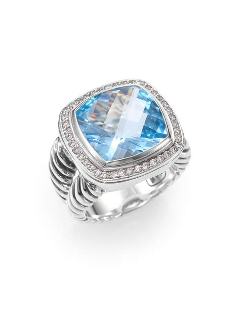 David Yurman Blue Topaz Diamond Sterling Silver Ring In Gray Silver