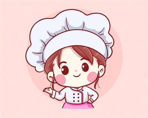 Premium Vector Cute Bakery Chef Girl Welcome Smiling Cartoon Art