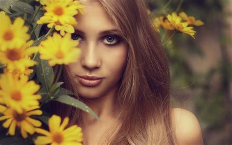 Blonde Hair Flowers Long Haired Blue Eyed Wallpaper Coolwallpapersme