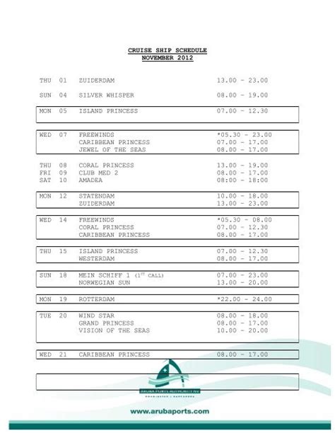 Cruise Ship Online Schedule Nov 2012 Aruba Ports Authority