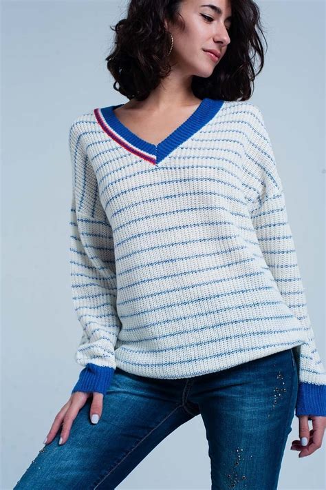 Blue Striped Sweater With V Neck Striped Knit Batwing Sleeve Sweater