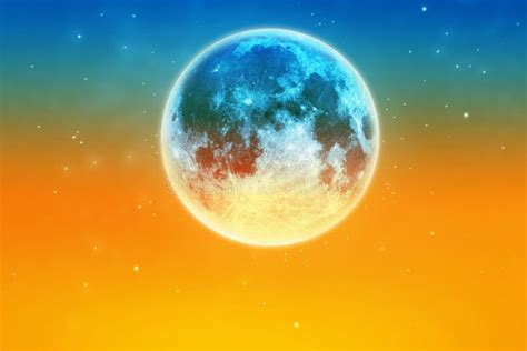 Abstract Colorful Full Moon Atmosphere With Star At Sunset Sky Stock