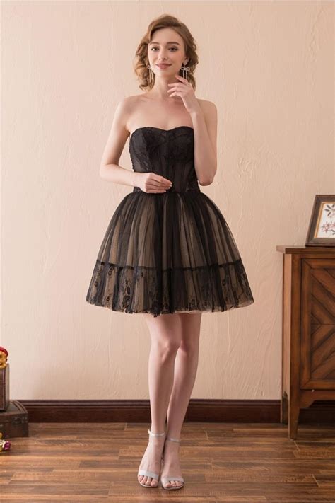 Cute Strapless Mini Black Tulle Lace Homecoming Prom Dress