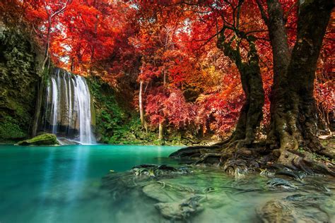 Erawan Waterfall Waterfall In Autumn Forest At National