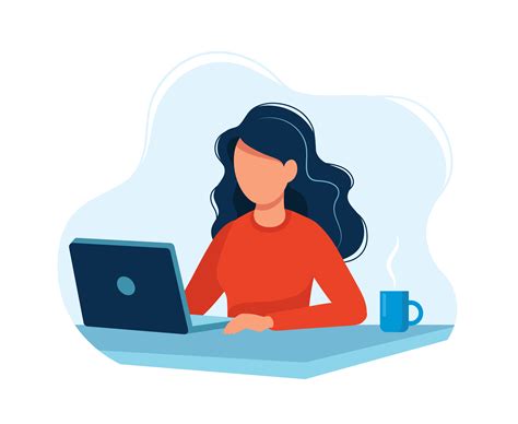 Woman Working With Computer Bright Colorful Vector Illustration