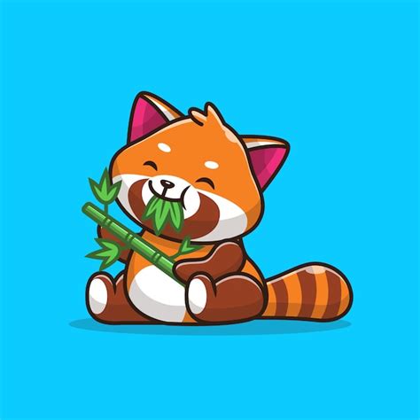 Cute Red Panda Eating Bamboo Leaves Icon Illustration Flat Cartoon