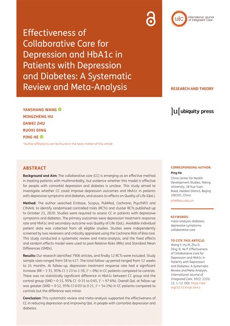 Pdf Effectiveness Of Collaborative Care For Depression And Hba1c In