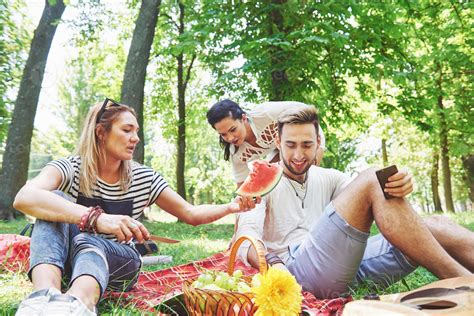 grupo de amigos haciendo un picnic en un parque en un día soleado gente pasando el rato