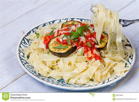 Tagliatelle Pasta with Grilled Eggplant, Spicy Tomato Sauce and ...