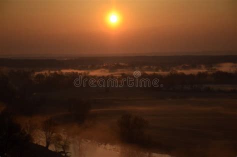 Picturesque Fairytale Sunrise Over A Foggy Meadow And River On A Summer