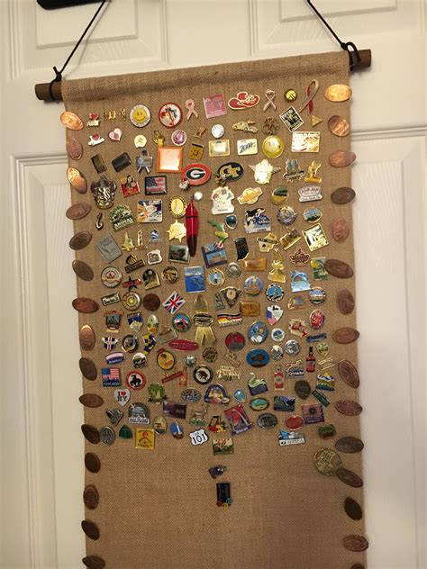 Found A Way To Display My Collection Of Lapel Pins And Pennies Took A Burlap Table Runner And
