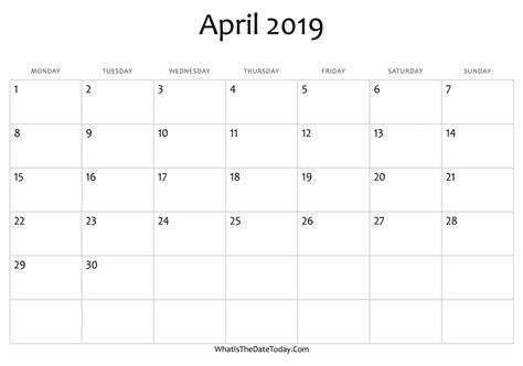 Blank April Calendar 2019 Editable Whatisthedatetodaycom