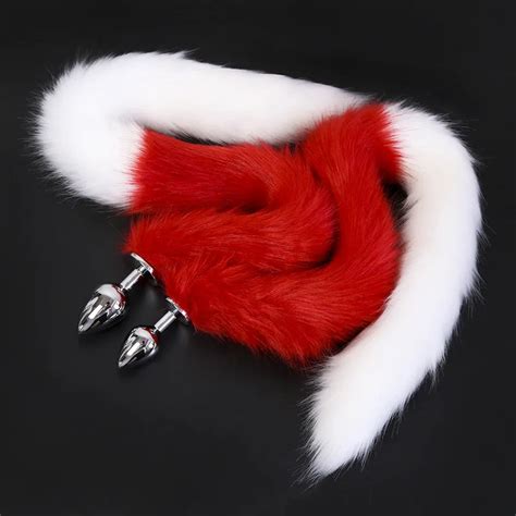 80cm Long Red And White Foxs Tail Dog Tail Butt Plug Sex Toys Anal