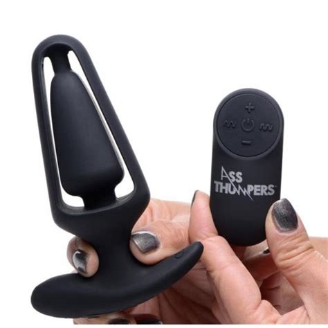 Ass Thumpers Power Plug X Silicone Rechargeable Hollow Anal Plug With Remote Control Black