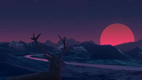 Deer Landscape Mountains Sun Artist Artwork Digital Art Hd