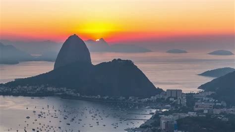 Rio De Janeiro Zooming Cityscape Time Lapse Of Sunrise Over Sugar Loaf