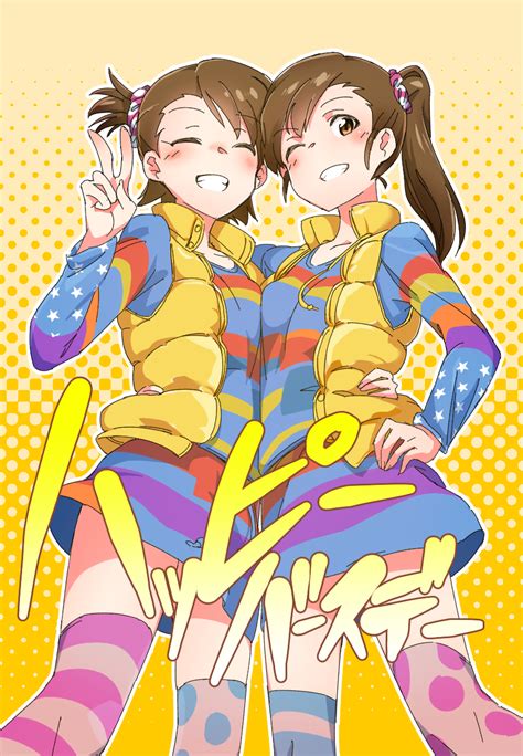 brunette twins two women anime anime girls the idolm ster futami ami futami mami long