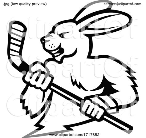 Jackrabbit With Ice Hockey Stick Mascot Black And White By Patrimonio