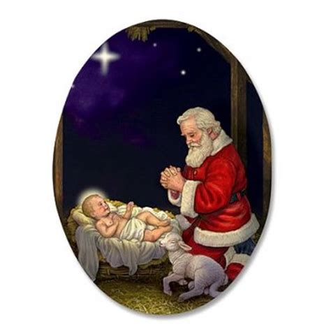 Kneeling Santa In Manger Humble Adoration Infant Christ 3 Inch Oval