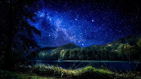 Starry Night Sky Lake Hill Desktop Wallpaper Altometa