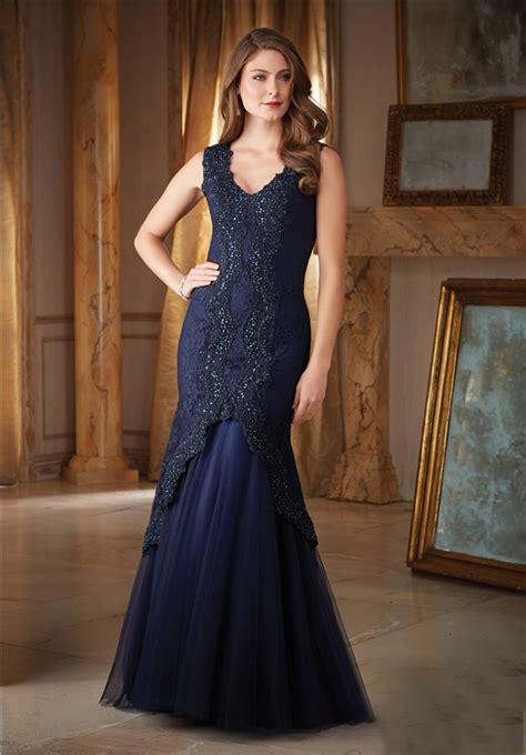 Gorgeous Mermaid V Neck Navy Blue Tulle Lace Beaded Formal Occasion Evening Dress