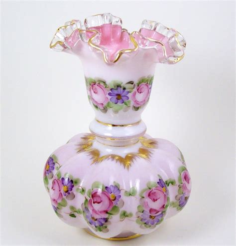 Vintage Hand Painted Fenton Vase 8 Pink Cased Glass Etsy