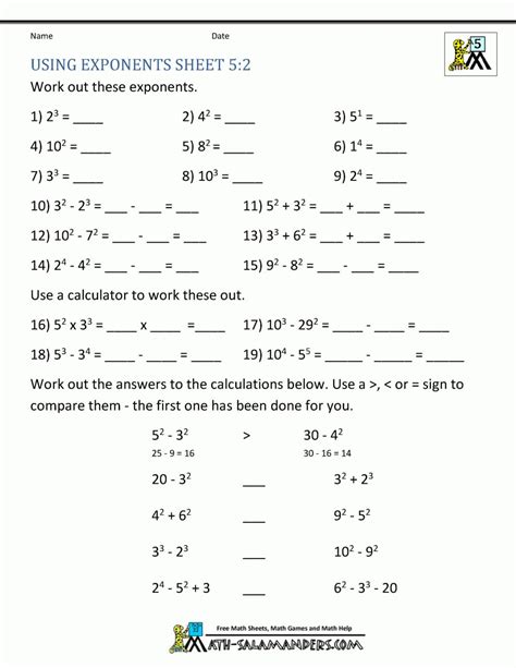 5th Grade Exponent Worksheets