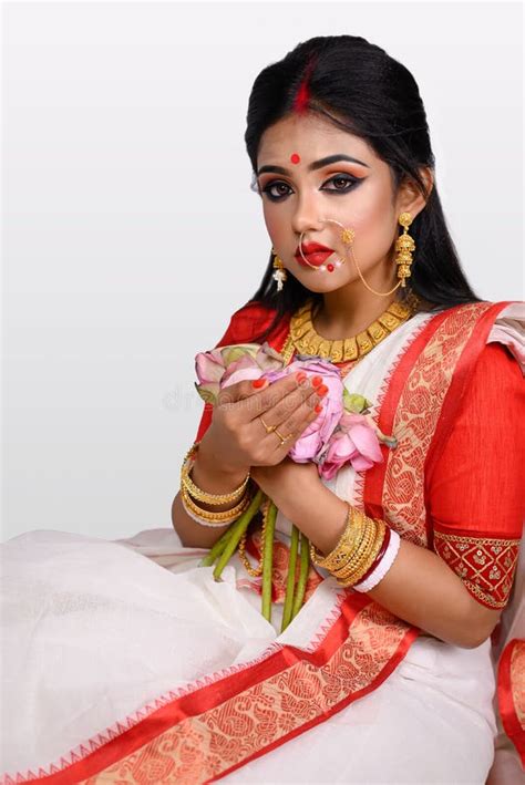 Portrait Of Beautiful Indian Bengali Female Woman In Red And White