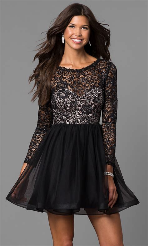 Black Lace Bodice Sleeved Homecoming Dress Promgirl
