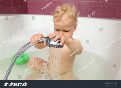 Cute Baby Boy Taking Shower In Bathroom Stock Photo 432849025