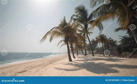 Palmy Trees and a Sandy Beach Unveil a Hidden Paradise Stock