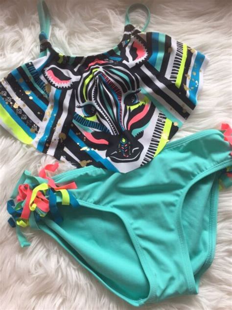 Justice Girls Zebra Flounce Bikini Neon Teal Swimsuit Nwt Size 12 Ebay