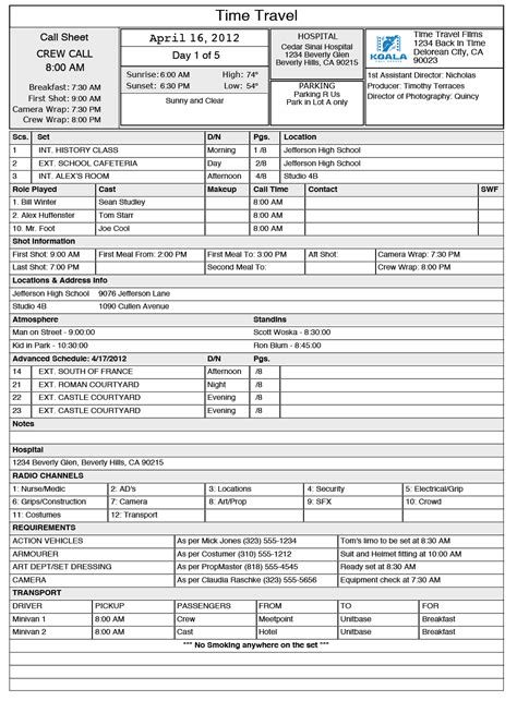 call sheet template  excel
