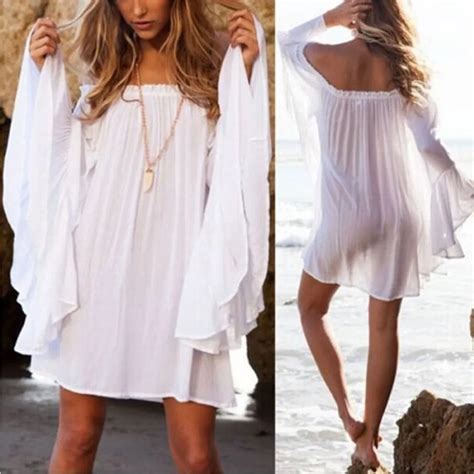 Fashion Women Flare Sleeve Casual Solid Off Shoulder Mini Dress Summer Thin Beach Loose Short