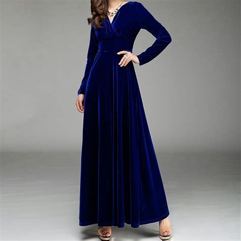 Buy Code Yellow Womens Royal Blue Velvet V Neck Long Winter Dress