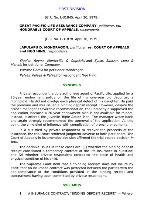 Great Pacific Life Assurance Co V Court Of Appeals First Division