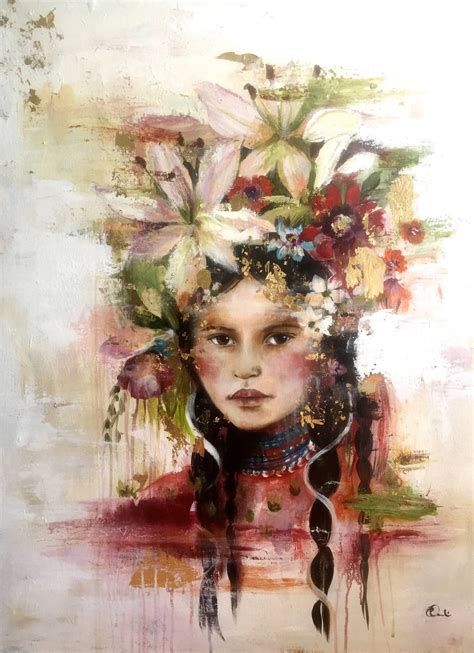 A Painting Of A Woman With Flowers In Her Hair And Feathers On Her Head