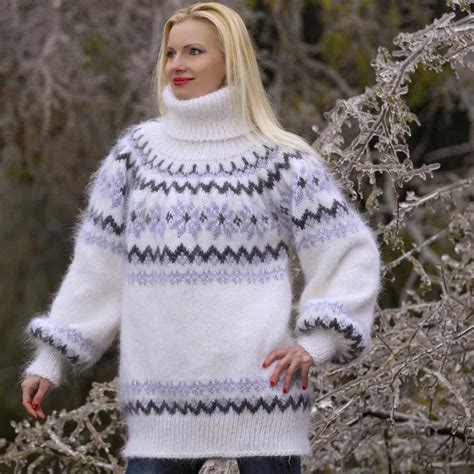 100 Hand Knitted Mohair Sweater In Nordic Pattern Size S M L Xl