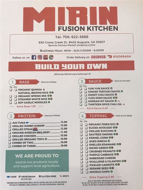 Menu At Mirin Fusion Kitchen Restaurant Augusta