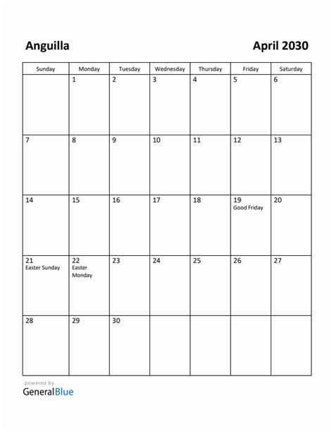 Free Printable April 2030 Calendar For Anguilla