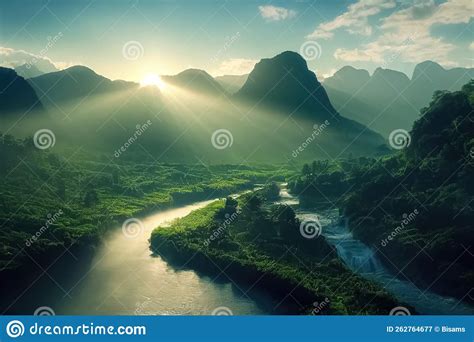 Majestic Magical Fantasy Landscape With Mountains River Waterfall