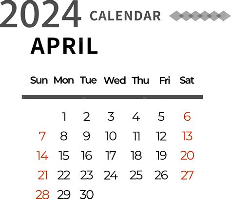 Abril 2024 Calendario Simple Negro Png Abril 2024 Calendario Png Y