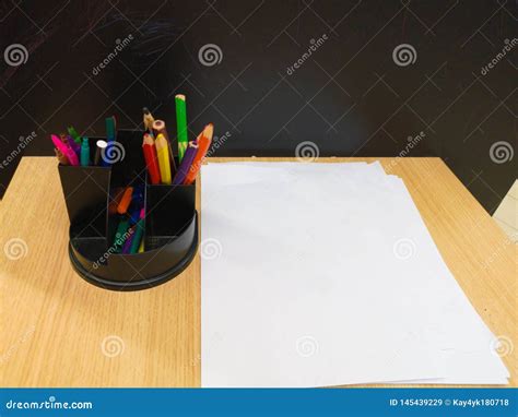Tables With Colored Pens In School Classroom Children S Drawings On The