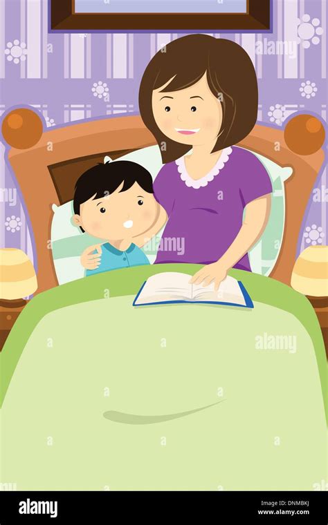 a vector illustration of mother reading a bedtime story to her son stock vector image and art alamy