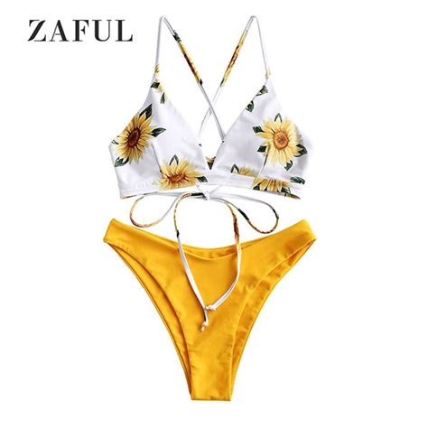 Zaful Sunflower Criss Cross Bikini Set Rubber Ducky Yellow Bikinis