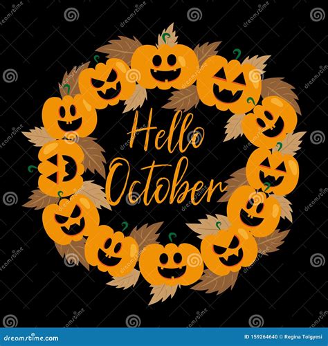 Hello October Handwritten Text And Pumpkin Wreath With Autumn Leaves