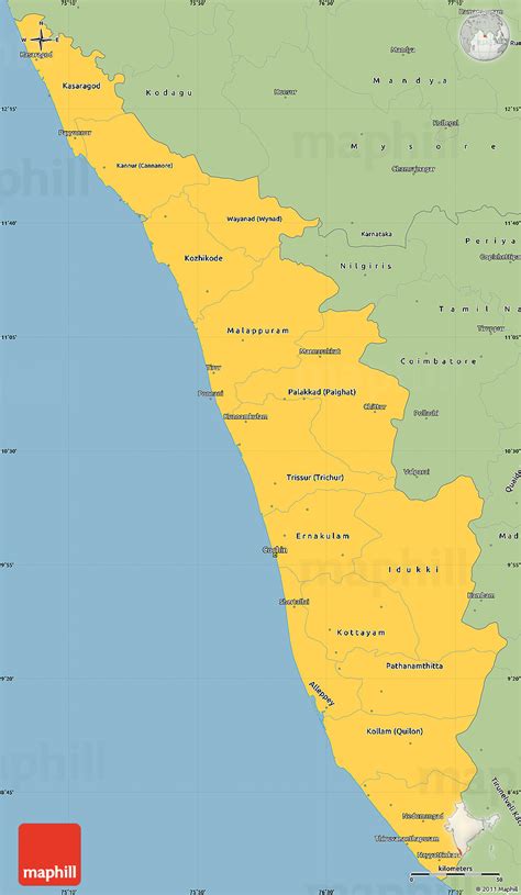 Roads, highways, streets and buildings on satellite. Savanna Style Simple Map of Kerala