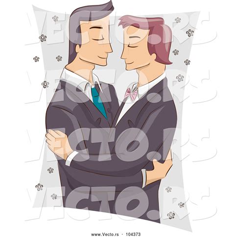 Vector Of Cartoon Male Same Sex Couple Embracing At Their Wedding By
