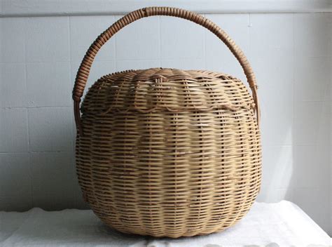 Antique Wicker Basket Large Round With Lid